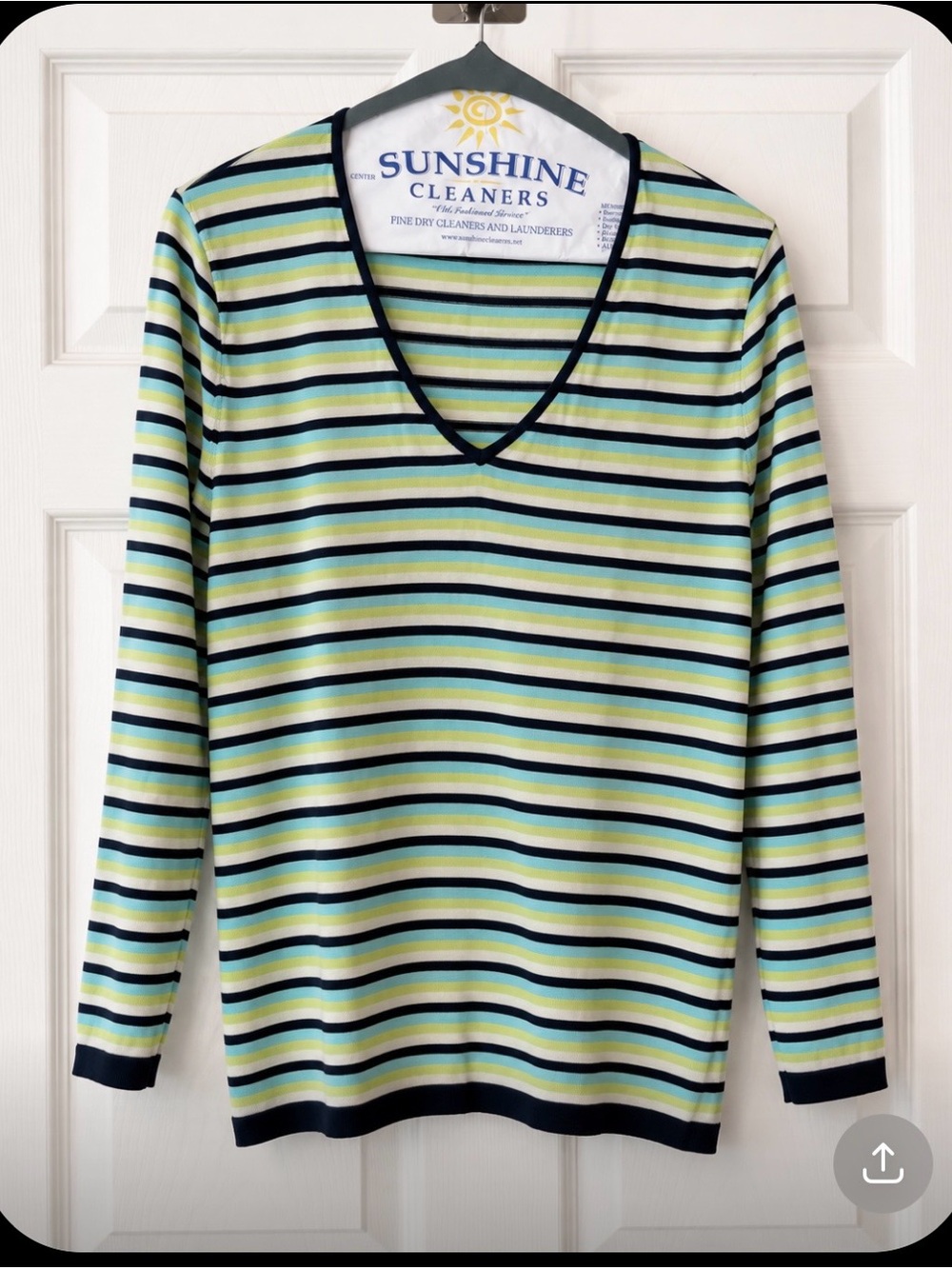 Ellen Tracy Striped V-Neck 3/4 Sleeve Silk Top
